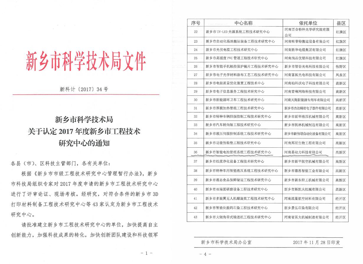 易动力公司被认定为新乡市工程技术研究中心